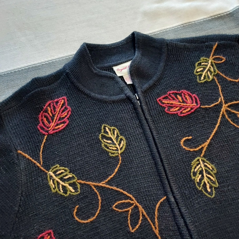 Vtg Crystal‎ Kobe Embroidered Leaf Zip Cardigan Sweater Cottage Core Folk Art L